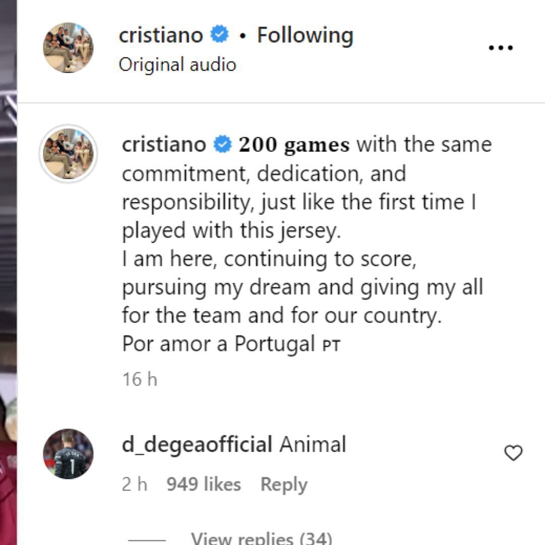 David de Gea's comment on Cristiano Ronaldo's latest post